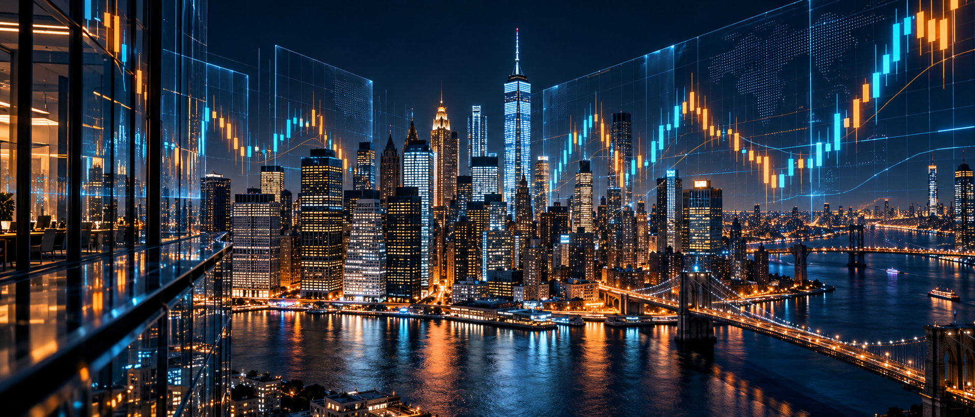 Original illustration of a financial city skyline and market data charts