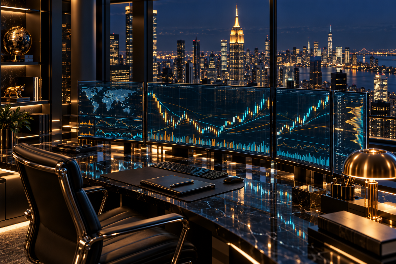 Institutional research desk overlooking the city